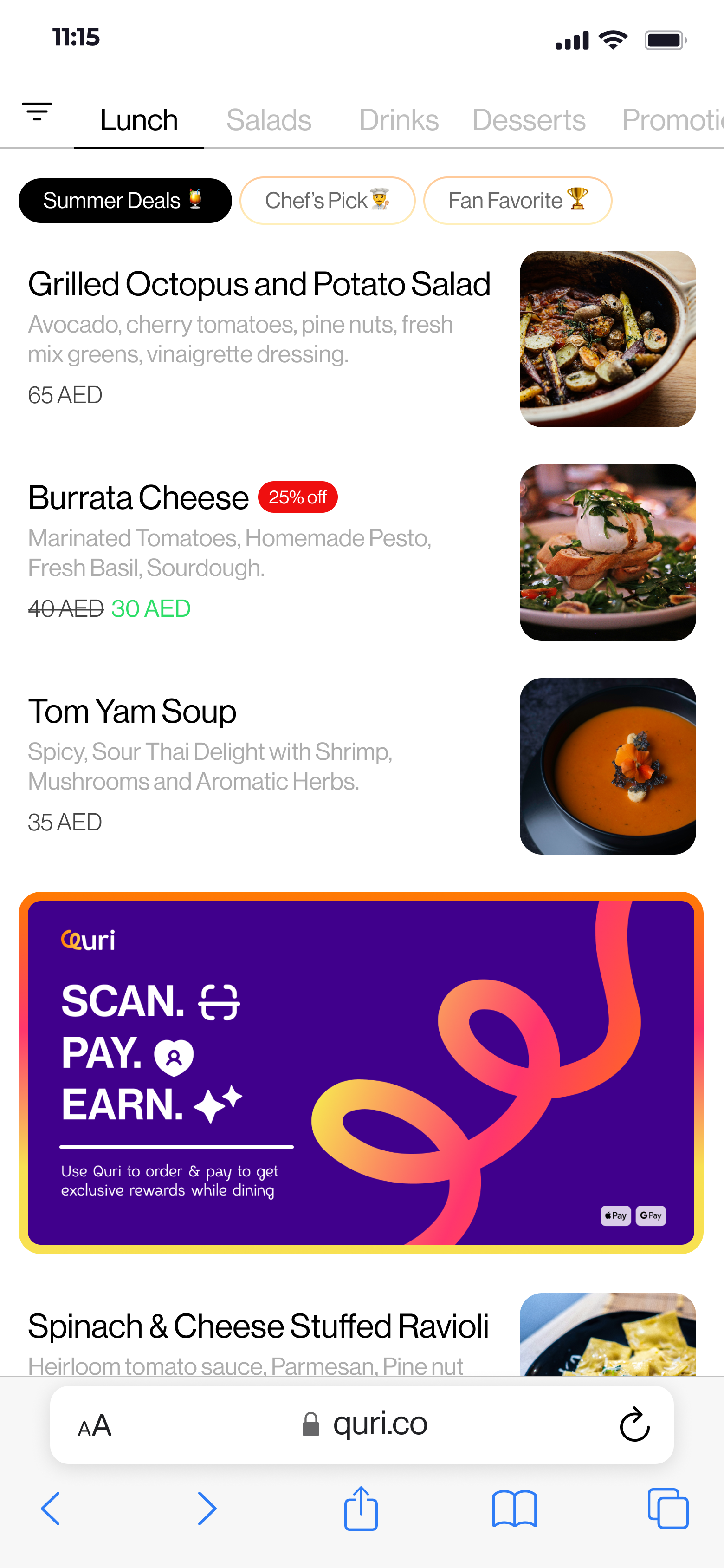 Quri Menu Selection Screen